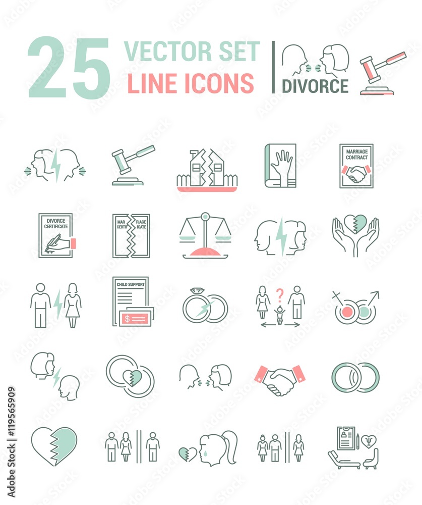 Vector set of icons in a linear design on the subject of divorce