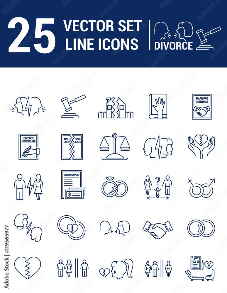 Vector set of icons in linear design. Divorce and the legal proc Vector set of icons in linear design. Divorce and the legal proc