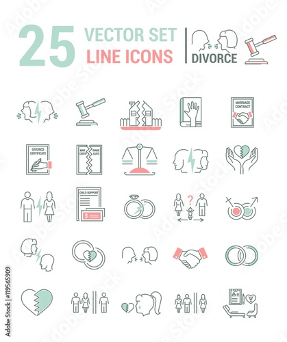 Vector set of icons in a linear design on the subject of divorce