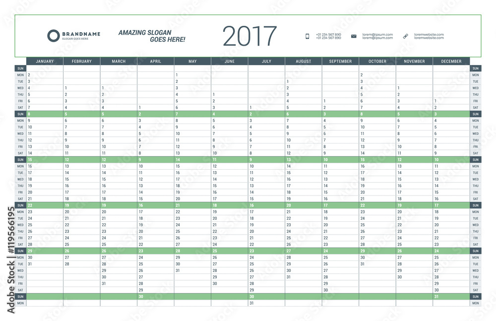 Yearly Calendar Planner Template for 2017 Year. Vector Design Print Template. Week Starts Sunday. Stationery Design Yearly Calendar Planner Template for 2017 Year. Vector Design Print Template. Week Starts Sunday. Stationery Design
