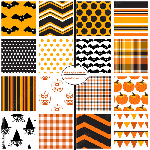 Halloween seamless pattern set. 16 repeating patterns for halloween party decorations, backgrounds, scrapbooking and more. Bat, witch, pumpkin, chevron, polka dot, stripe, plaid, bunting print.