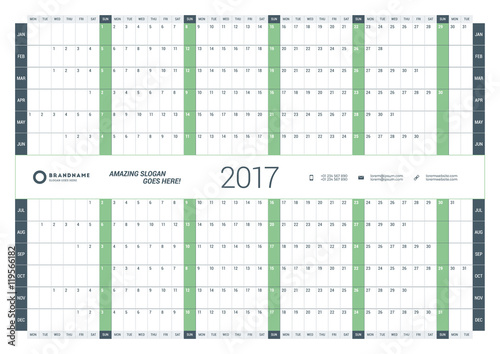 Yearly Calendar Planner Template for 2017 Year. Vector Design Print Template. Week Starts Monday. Stationery Design