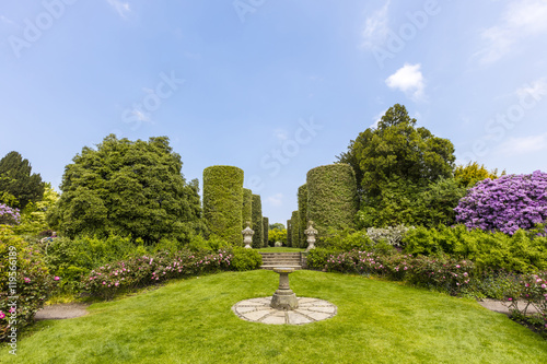 English garden with rose border and an old sundial.