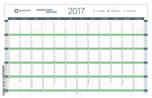Yearly Calendar Planner Template for 2017 Year. Vector Design Print Template. Week Starts Sunday. Stationery Design