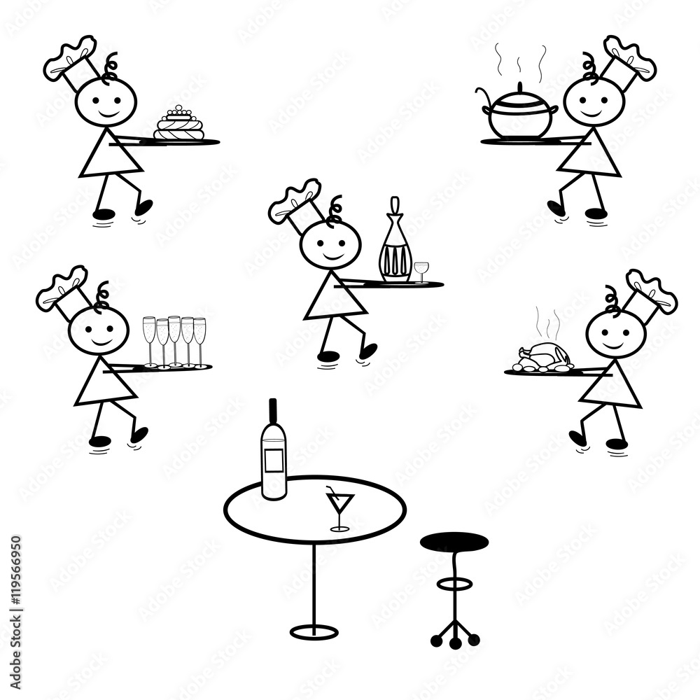 Seth the waiter. Cook. A waiter carries dishes at the restaurant. Stick figure vector