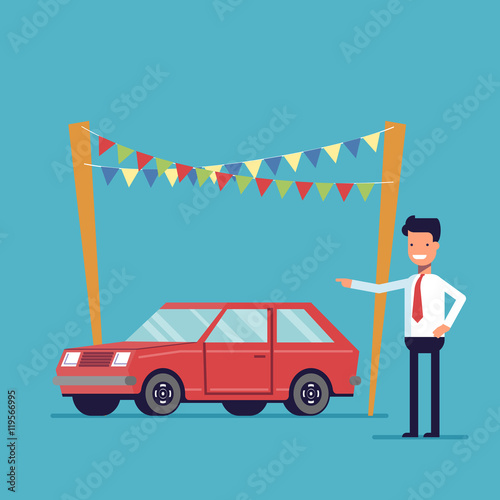 Smiling dealer offers to buy the car. Sale of new and second-hand vehicles. Happy man in a shirt and tie. Vector flat image isolated on a blue background.
