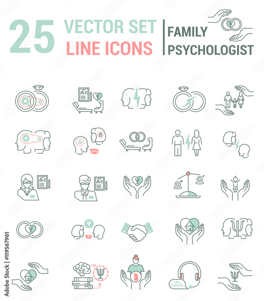 Set of icons in linear style on the subject of family psychologi