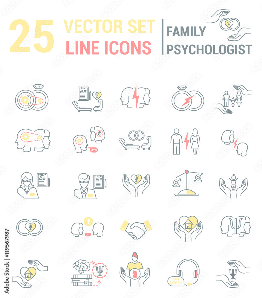 Set of icons in linear style on the subject of family psychologi