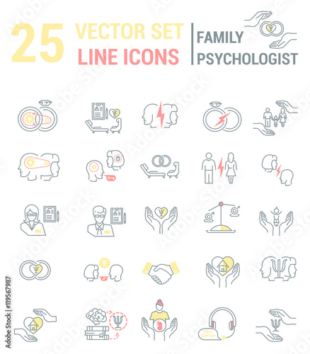 Set of icons in linear style on the subject of family psychologi