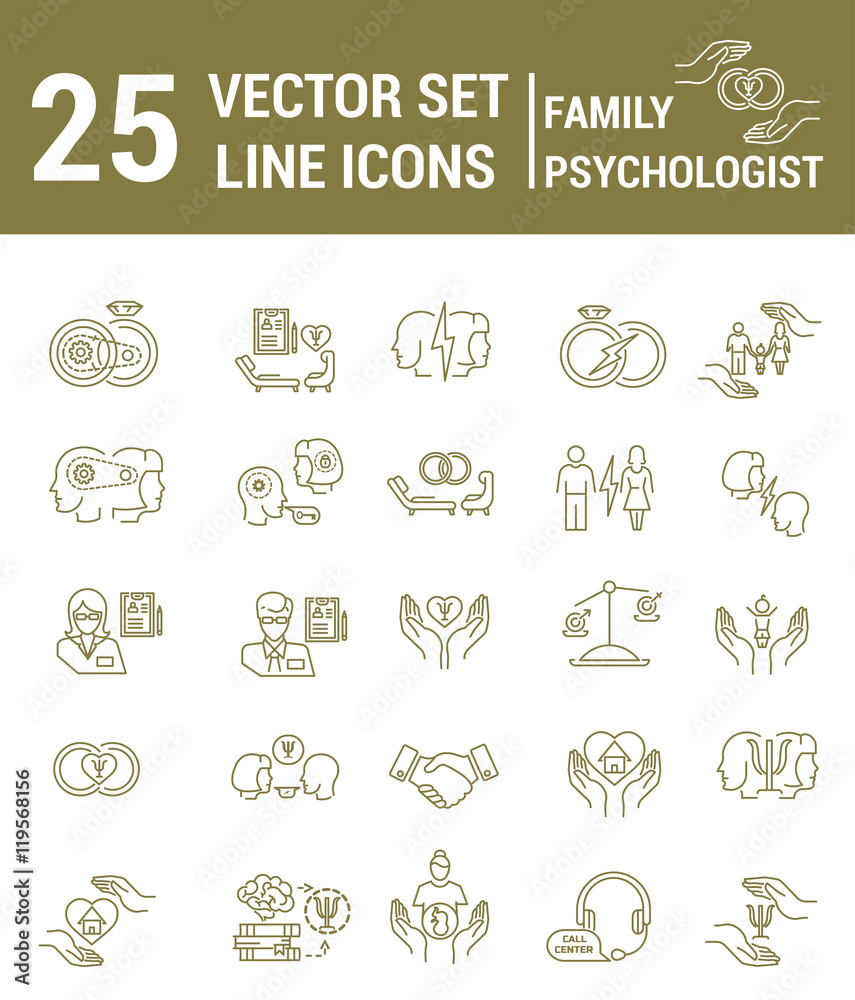 Set of icons in linear style on the subject of family psychologi Set of icons in linear style on the subject of family psychologi