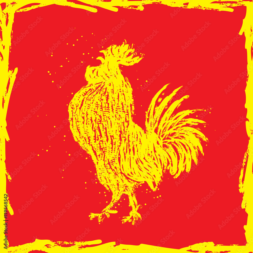 Rooster in yellow frame on red background. Vintage style cock. Zodiac symbol for Chinese New year 2017. Hair texture on the edge of the rooster with paint texture ink. Grunge. Stock Vector | Rooster in yellow frame on red background. Vintage style cock. Zodiac symbol for Chinese New year 2017. Hair texture on the edge of the rooster with paint texture ink. Grunge. Stock Vector |
