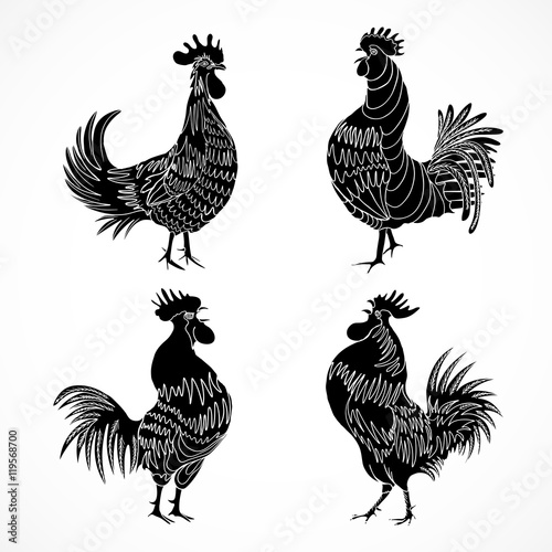 Set of roosters as animals zodiac symbols for Chinese New year 2017. Hand drawing collection of cocks design elements for Chinese New year cards. Chinese Year of the Rooster zodiac emblem bundle.