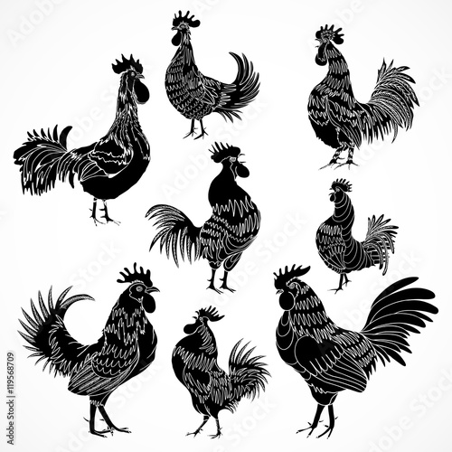 Set of roosters as animals zodiac symbols for Chinese New year 2017. Hand drawing collection of cocks design elements for Chinese New year cards. Chinese Year of the Rooster zodiac emblem bundle.