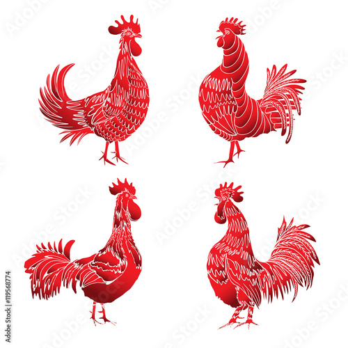 Set of roosters in different directions and poses. Hand drawing of red cocks. Collection of detailed quality farm birds. Bundle of zodiac symbols for Chinese New year 2017.  