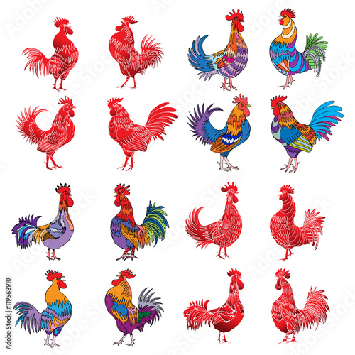 Set of Chinese 2017 new year of the Rooster symbols. Gold metallic and color roosters collection. Hand drawing bird with gradients. Chinese calendar Zodiac. Rooster golden and color silhouette bundle.
