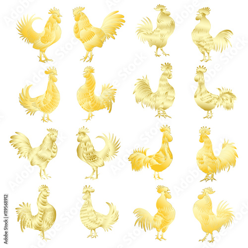Large set of Golden roosters. Chinese calendar Zodiac for 2017 New Year of rooster collection. Roosters gold silhouette. Hand drawing of rooster for Chinese traditional new year decoration  bundle. 