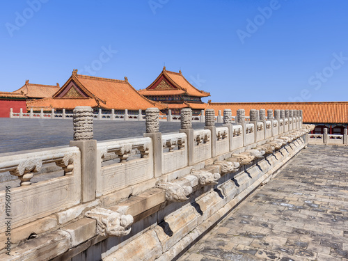 Levels with ornate balustrade and pavilion on background, Palace Museum, Beijing, China.