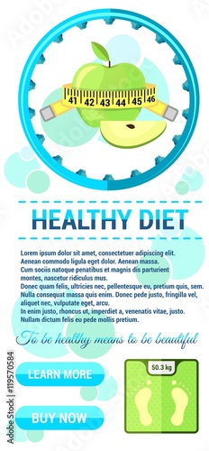 Vector illustration. Advertisement for flyer for a fitness diet in flat design. A template to create a site, ads, cover art. The concept of advertising sports and healthy food.