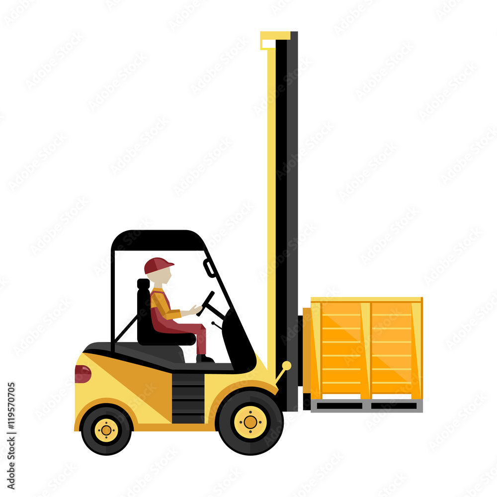 Forklift truck with boxes on pallet isolated on white background vector illustration