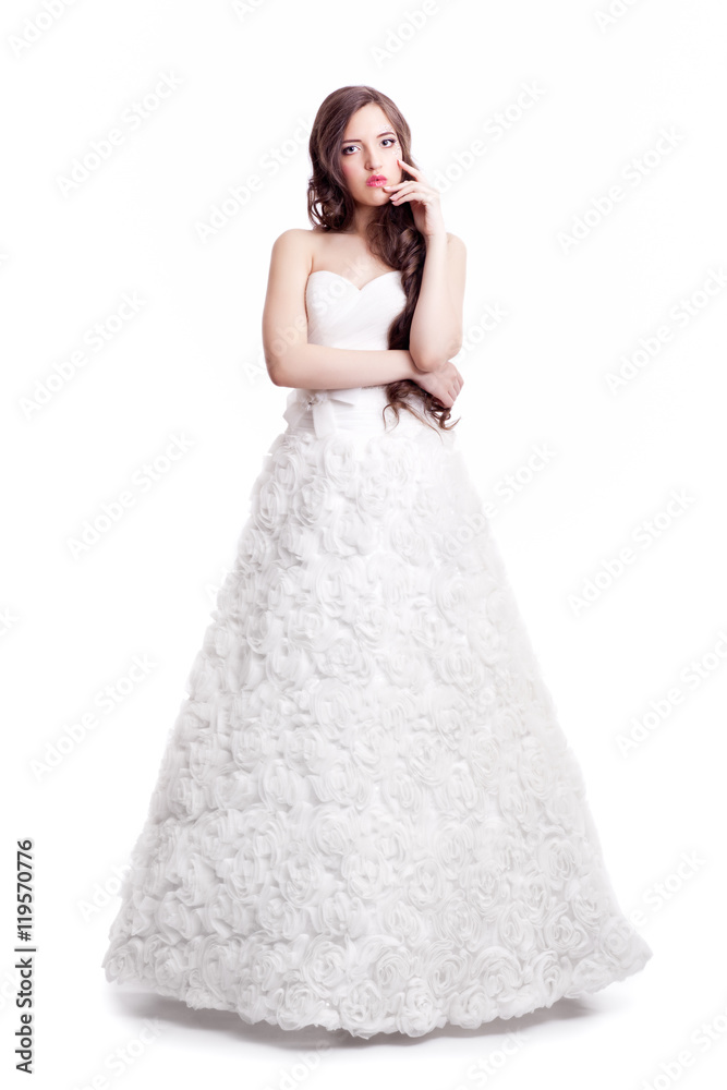 Portrait of beautiful young brunette woman bride in white Wedding dress Portrait of beautiful young brunette woman bride in white Wedding dress