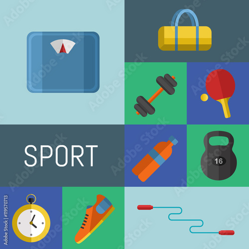 Vector illustration of gym sports equipment icons set. Skipping rope, weight, bag, sports shoes, ping pong paddle, bottle, dumbbell, stopwatch and weigher on color background. Different sport tools.