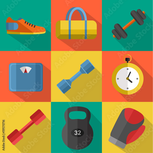 Vector illustration of gym sports equipment icons set. Boxing gloves, weight, bag, sports shoes, dumbbell, stopwatch and weigher on color background. Flat signs with long shadow