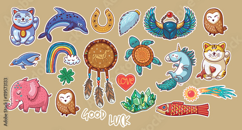Collection of stickers with lucky symbols