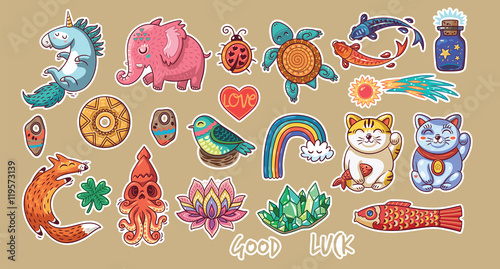 Collection of stickers with lucky symbols