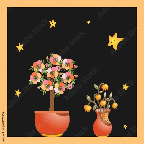 Beautiful card with a blossoming little tree, vase with flowers and stars. Night window.