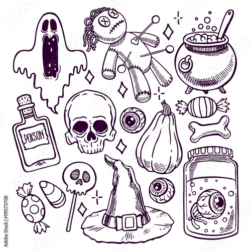 Set of different attributes of Halloween. hand-drawn illustratio