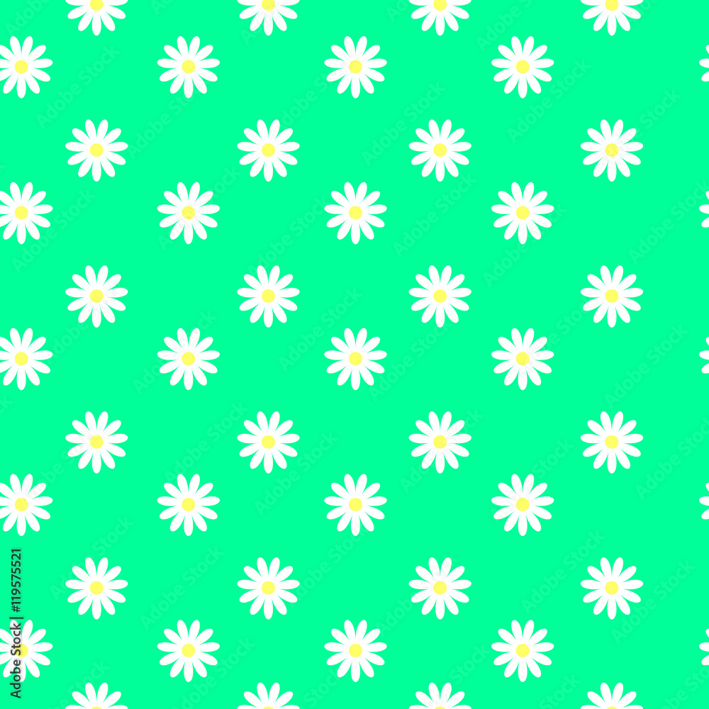 Seamless flower pattern. White daisies on a green background. Small cute simple spring flowers. Turquoise background. Gift Wrap. Marguerite. Seamless flower pattern. White daisies on a green background. Small cute simple spring flowers. Turquoise background. Gift Wrap. Marguerite.