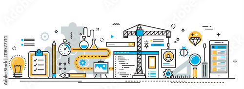 Flat line vector design concept of mobile application development process, app design, programming, coding, building and debugging for website banner and landing page header, infographics