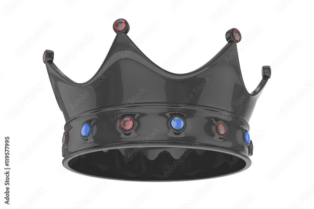 Black royal crown with blue and red gems on white. 3D rendering. Black royal crown with blue and red gems on white. 3D rendering.
