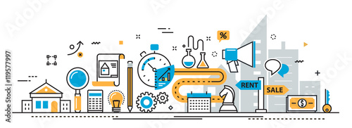 Flat line vector design illustration concept of sale and rent service  agency real estate process, marketing, property and house mortgage for website banner and landing page header, infographics