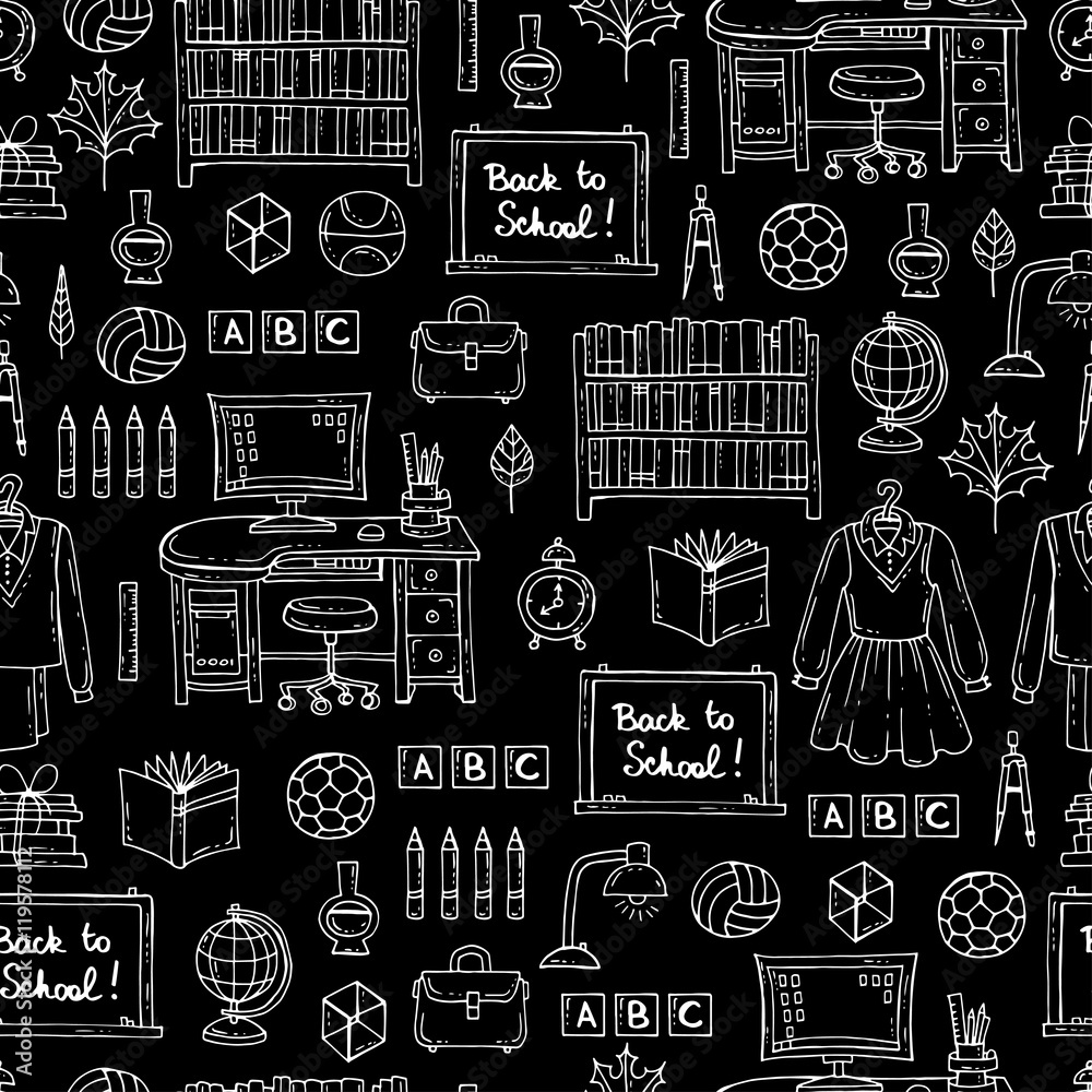 Vector seamless pattern with hand drawn symbols of school and university on black color Vector seamless pattern with hand drawn symbols of school and university on black color