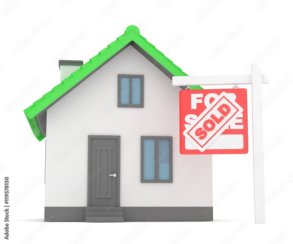 Isolated model of house with sign for sale sold. Concept of real estate, new apartment and moving to a new house. 3D rendering. Isolated model of house with sign for sale sold. Concept of real estate, new apartment and moving to a new house. 3D rendering.