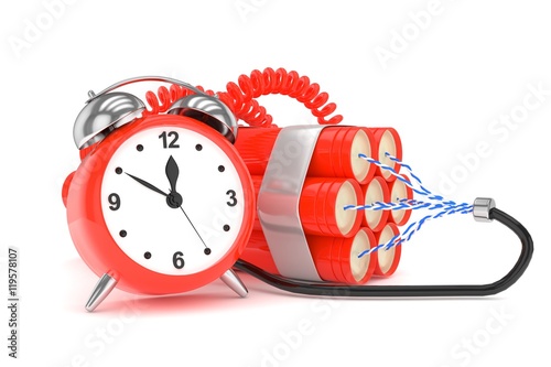 Alarm clock with dynamite. Dangerous weapon. Red alarm clock with bundle of dynamiye sticks. Concept of deadline, violence, lack of patience. 3D rendering.