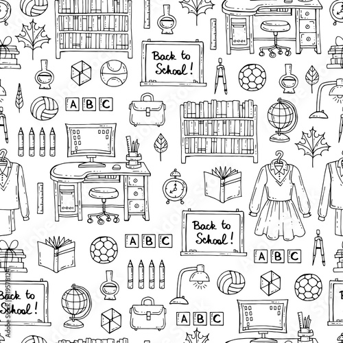 Vector seamless pattern with hand drawn symbols of school and university on white color