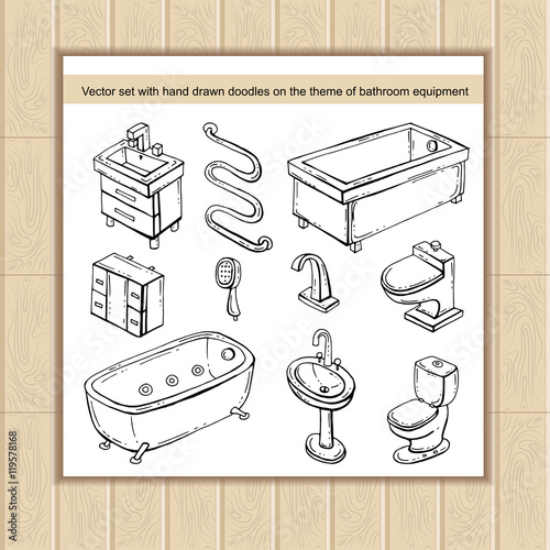 Vector set with hand drawn isolated doodles on the theme of bathroom equipment