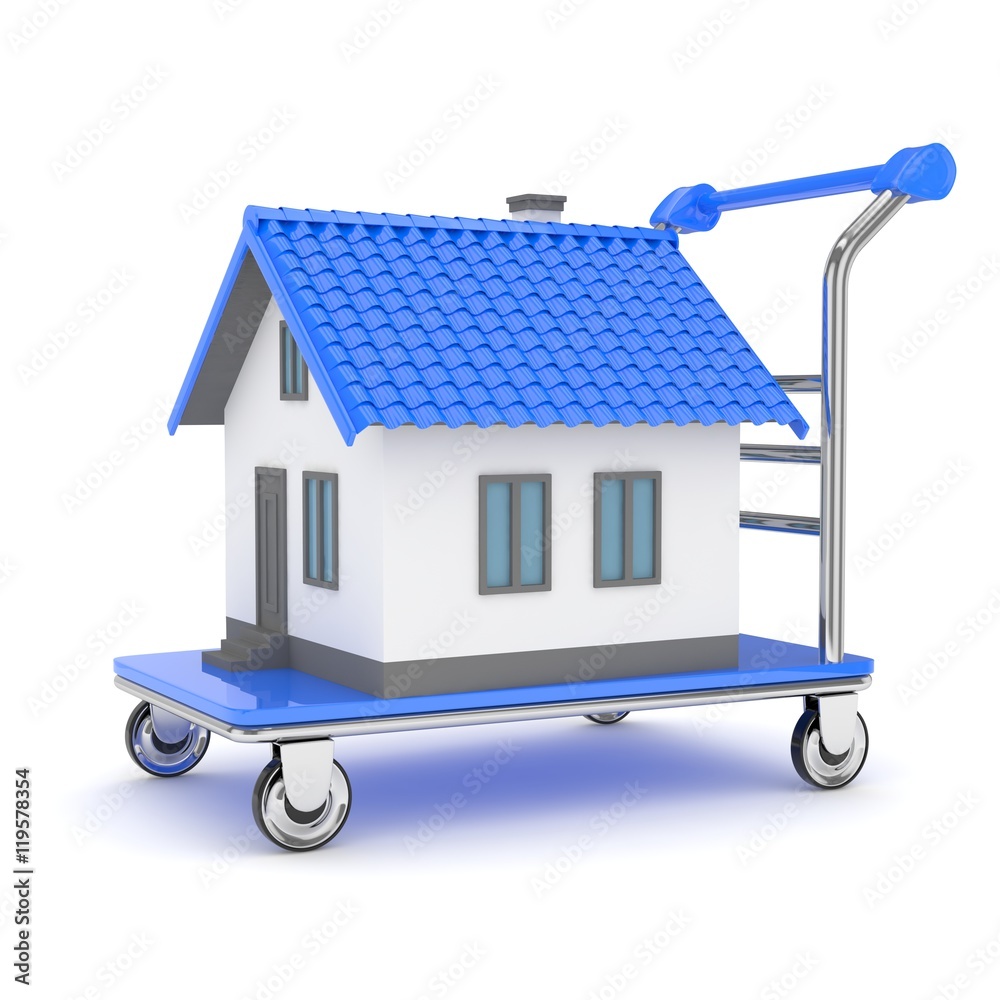 Model of house on wheeled platform on white background. Concept of property moving, delivering. 3D rendering. Model of house on wheeled platform on white background. Concept of property moving, delivering. 3D rendering.