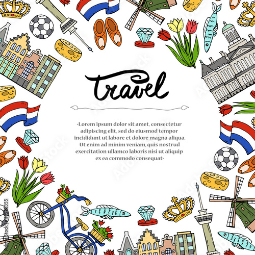 Cute decorative cover with hand drawn colored symbols of Netherlands