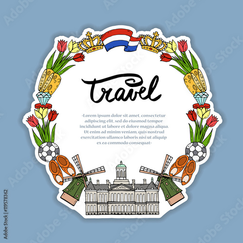 Cute illustration of decorative frame with hand drawn colored symbols of Netherlands