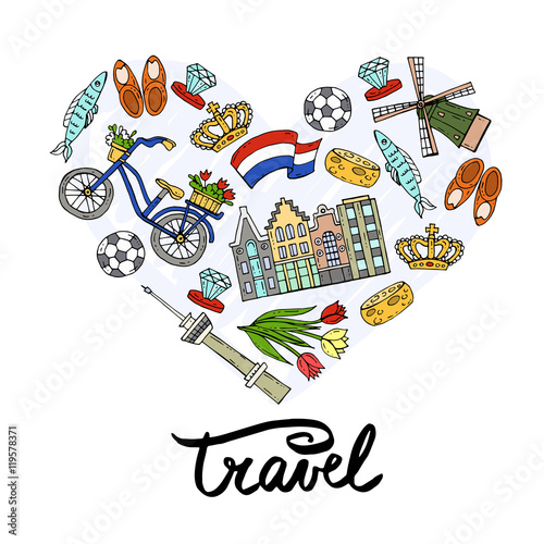 Stylized heart with hand drawn colored symbols of Netherlands