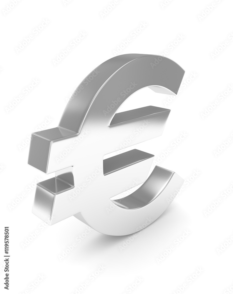 Obraz premium Isolated silver euro sign on white background. European currency. Concept of investment, european market, savings. Power, luxury and wealth. 3D rendering.