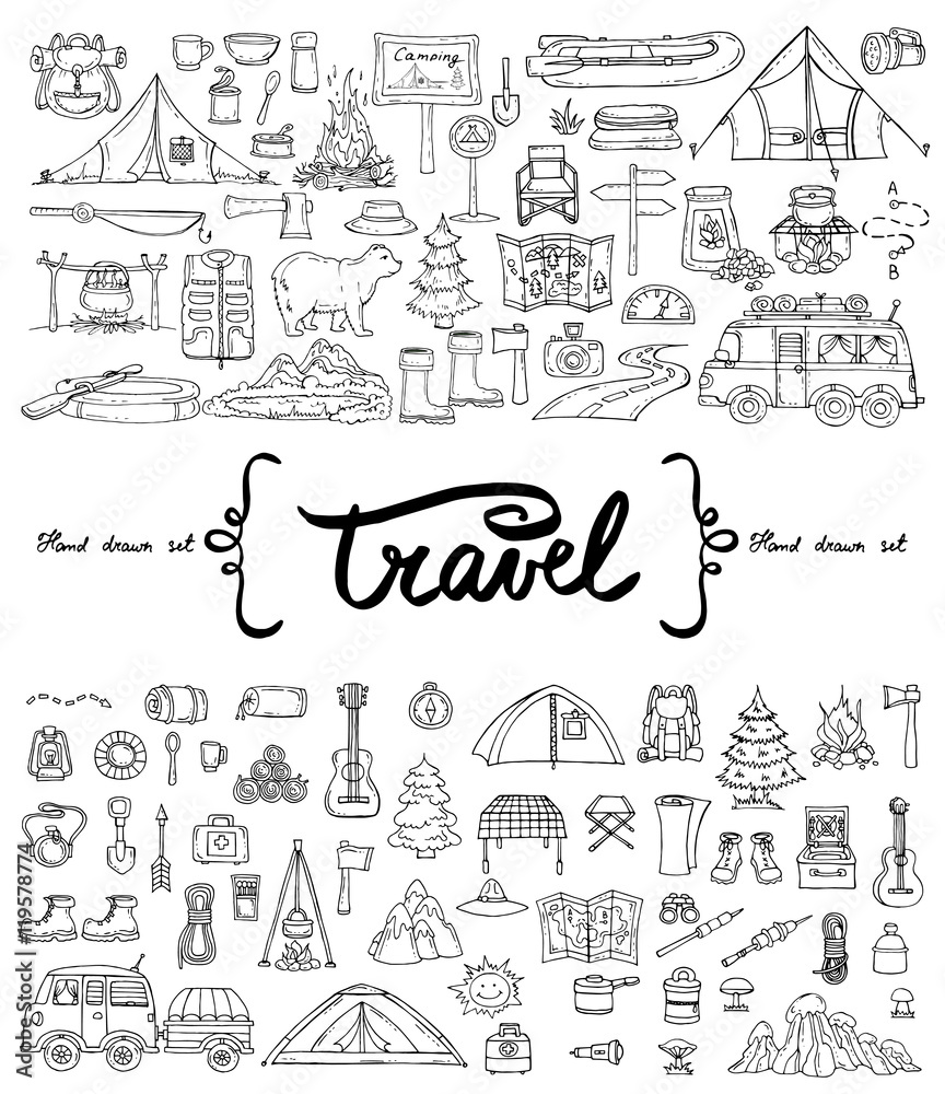Fototapeta premium Vector set with hand drawn isolated doodles on the theme of tourism