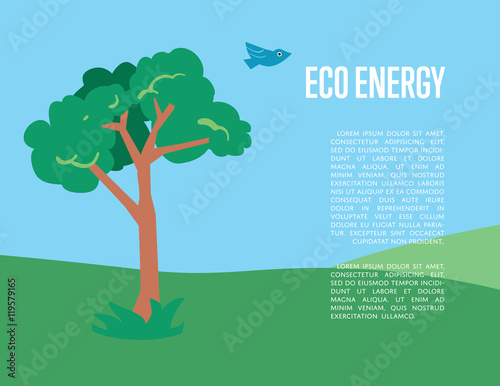Eco energy banner with space for text. Vector illustration with bird and tree in green meadow on background of blue sky. Nature conservation.
