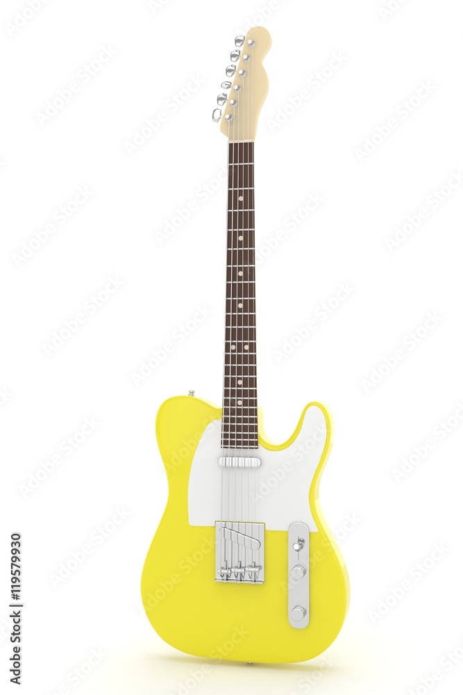 Isolated yellow electric guitar on white background.  Musical instrument for rock, blues, metal songs. 3D rendering.