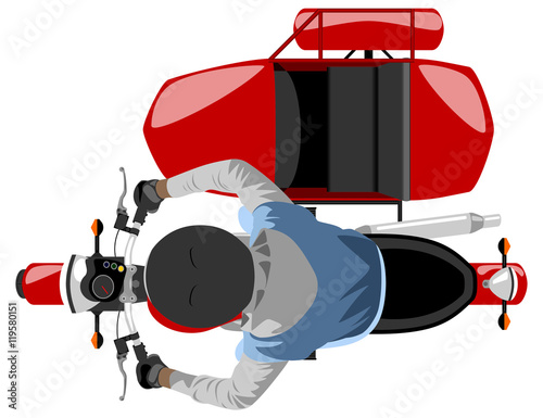 color classic side car motorcycle with rider wearing sleeveless jacket, hoodie and helmet isolated top view