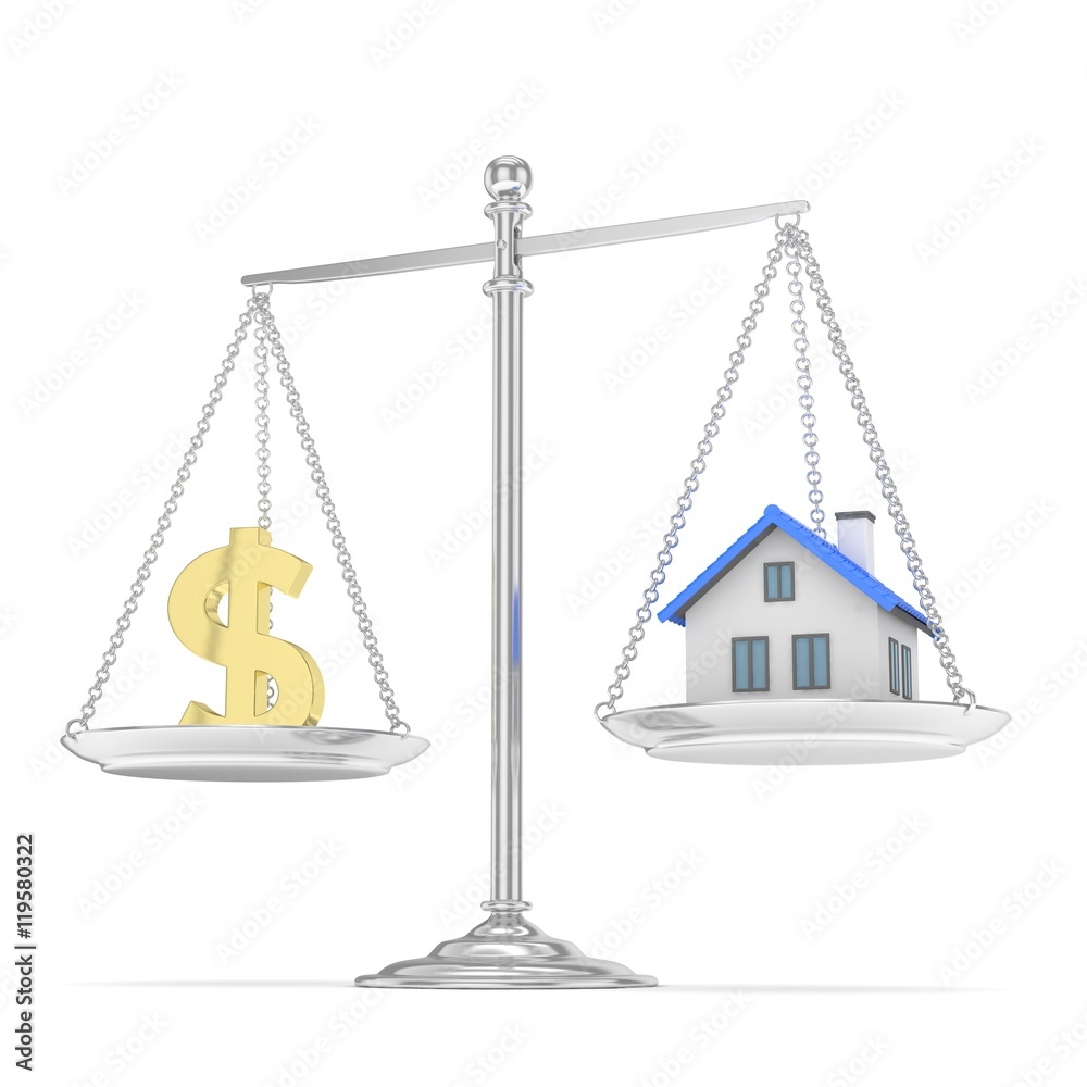 Isolated silver scales with golden dollar and house on white background. Investment or savings concept. Real estate and currency. 3D rendering. Isolated silver scales with golden dollar and house on white background. Investment or savings concept. Real estate and currency. 3D rendering.