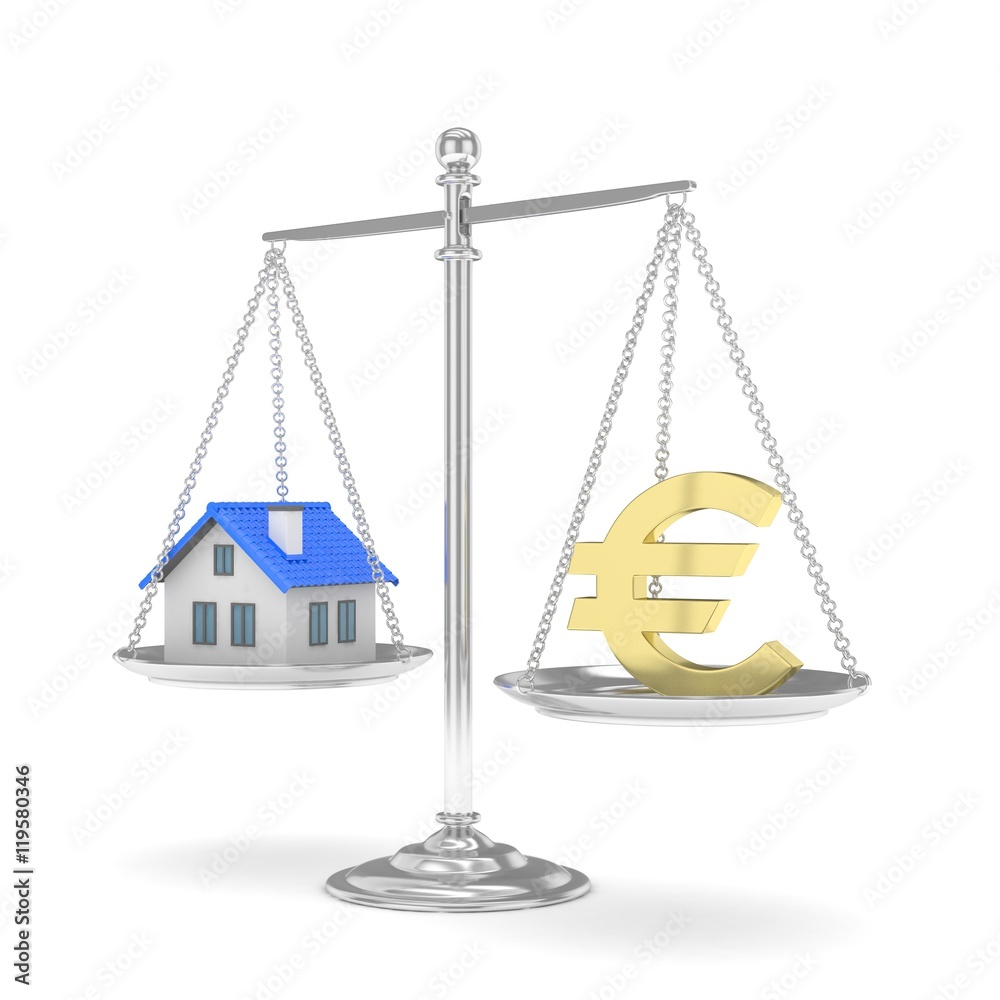 Isolated silver scales with golden euro and house on white background. Investment or savings concept. Real estate and currency. 3D rendering. Isolated silver scales with golden euro and house on white background. Investment or savings concept. Real estate and currency. 3D rendering.